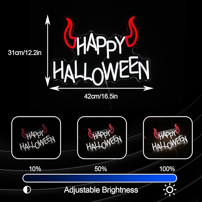 Happy Halloween Neon Sign - Dimmable LED Red Little Corner Light for Wall Decor - USB Powered for Halloween Decoration, Home Spooky Party, Bedroom Decor
