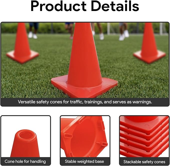 6, 9, 12, 18, 28 Inch Sports Training Traffic Cones - Durable Orange Cones for Soccer, Football, Basketball, Agility Drills, Parking, Safety, Road Use (Set of 12)