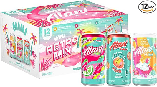 Alani Nu RETRO VARIETY PACK (Sherbet Swirl, Juicy Peach and Cherry Twist), Low Calorie Energy Drinks, 100mg Caffeine, Biotin, B Vitamins, Zero Sugar, 10 Calories or Less, 8 Fl Oz Cans, 12 Pack