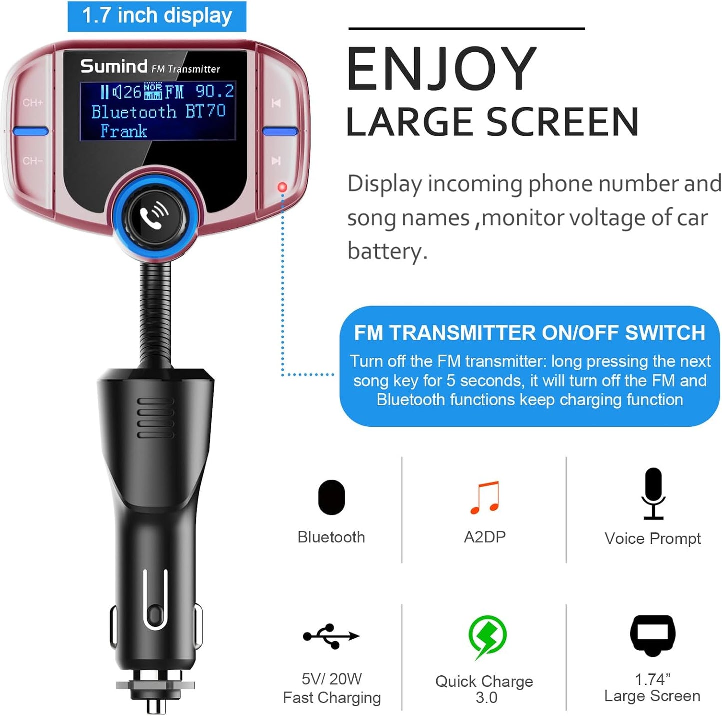 Upgraded Bluetooth FM Transmitter, Wireless Radio Adapter Hands Free Car Kit with 1.7'' Display, QC3.0 and Smart 2.4Amp Dual USB Ports, AUX Input/Output, TF Card Mp3 Player (PD, Rose Gold)