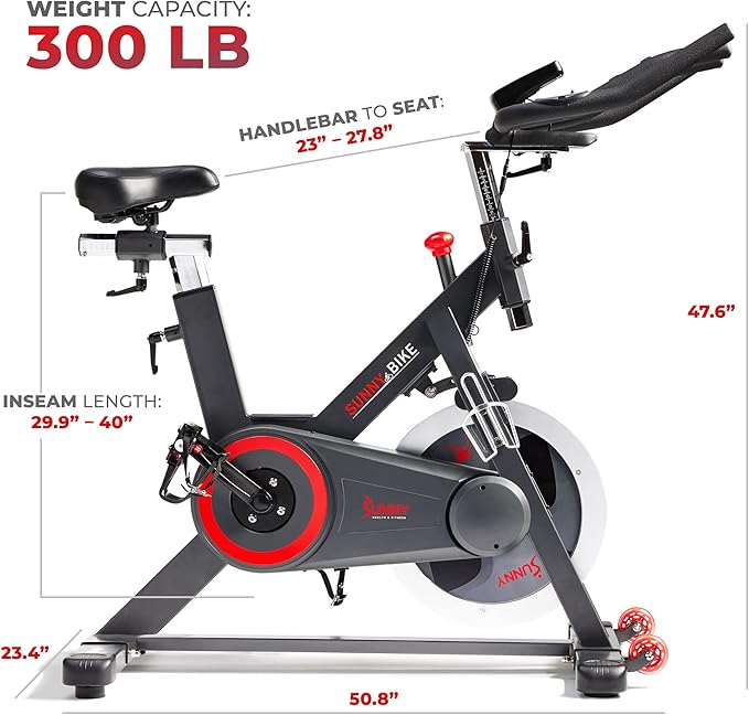 Sunny Health & Fitness Magnetic Exercise Bike, 44LB Flywheel & 300LB Weight Capacity for Intensive Home Workout, Indoor Cardio Training w/4-Way Adjustable Seat, Optional Free SunnyFit App Connection