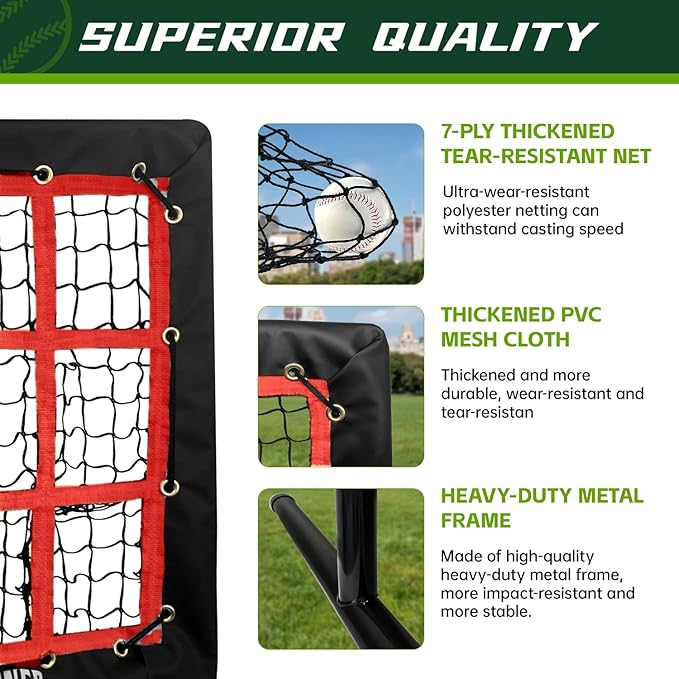 9 Hole Pitching Net, Heavy-Duty Baseball Net with Strike Zone for Pitching and Hitting, Height Adjustable Training Equipment with 9 Pocket Pitching Target for Baseball & Softball Practice