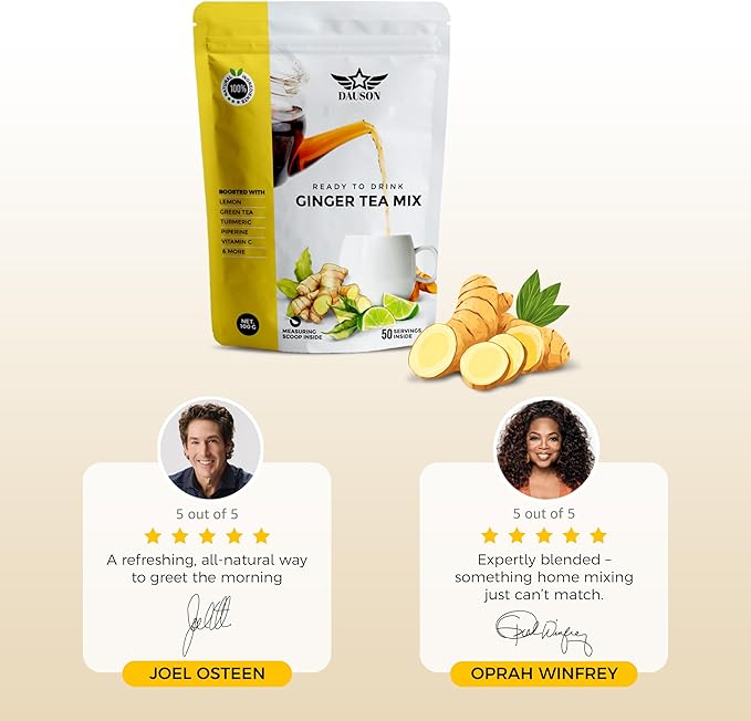 Ginger Tea Mix – 50 Servings | Instant Powder with Lemon, Turmeric, Licorice & Vitamin C | Caffeine-Free Herbal Blend with Green Tea Extract & Black Pepper | Natural Detox & Immune Support
