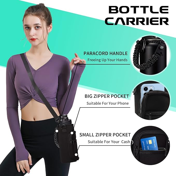 40OZ Insulated Water Bottle with Auto Spout Lids, Straw Lids, Paracord Handle for Sport, Protective Cup Mat, BPA-Free Reusable Insulated Water Bottle - Black Water Jug with Straw