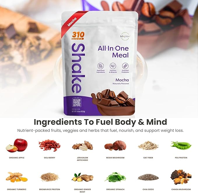 310 Nutrition All-In-One Meal Replacement Shake Powder - Plant-Based Protein Smoothie Blend w/High Fiber, Probiotics & Adaptogens - Low Carb, Vegan, Keto & Paleo Friendly - Mocha - 14 Srv