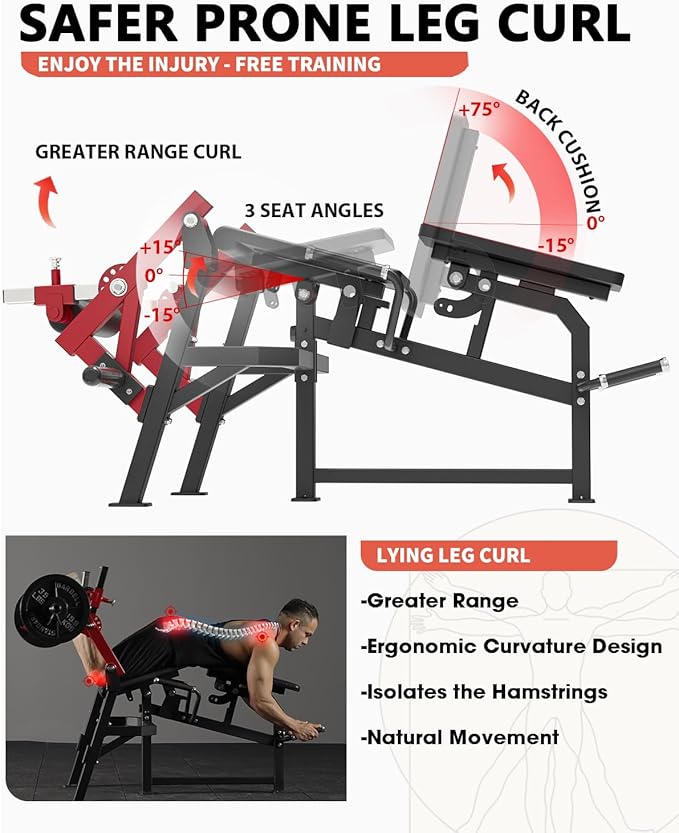 GMWD Leg Extension and Curl Machine, Single Leg Extension, Lying Leg Curl, Standing Leg Curl, Adjustable Leg Exercise Bench with Plate Loaded, Leg Machine Home Gym, Red