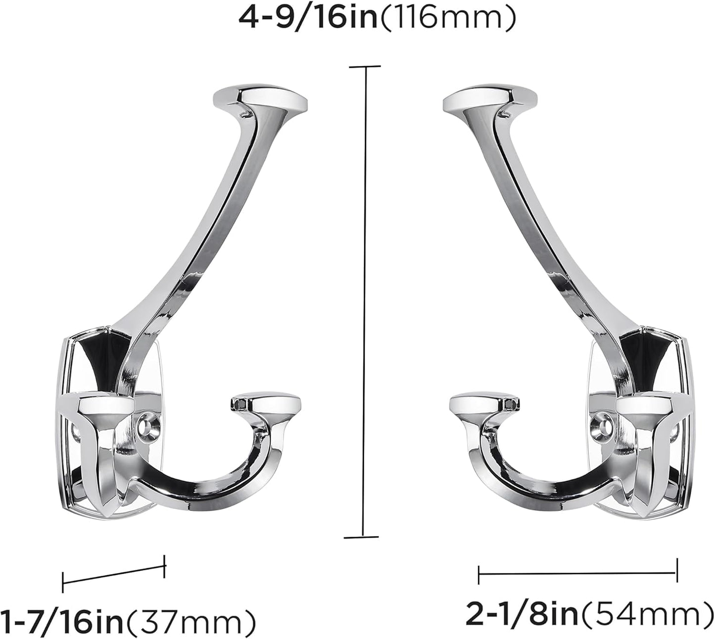 Large Wall Double-Sided Hook 2 Pack Polished Chrome Hook Decorative Heavy Duty Solid Large Coat Hooks for Towel Hanging Coats Robe Towel Bags Door Back 2 Prong Hooks