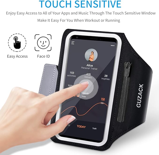 GUZACK Running Phone Holder with Zipper Pouch, Running Armband for iPhone 16 Pro/15/14/13/12/11 Pro Max/Plus/XR/XS, Galaxy S25/S24/S23/S22, Cell Phone Arm Holder with Card Slot - Size S