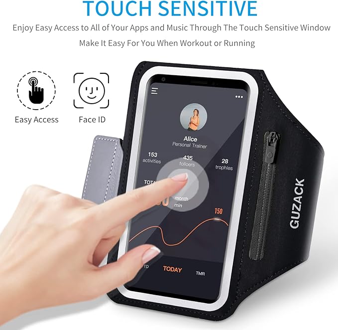GUZACK Phone Holder for Running with Zipper Pouch, Running Armband for iPhone 16 Pro/15/14/13/12/11 Pro Max/Plus/XR/XS, Galaxy S25/S24/S23/S22, Cell Phone Arm Holder with Key Pocket & Card Slot