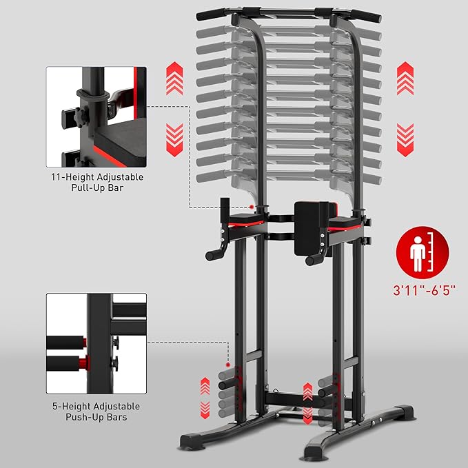 Outdoor Basic Power Tower Max Pull Up Bar and Dip Station - Heavy Duty 1600LBS Weight Capacity, Reinforced Steel Frame for Maximum Stability, Multi-Function Home Gym Equipment with Adjustable Height for Strength Training Fitness