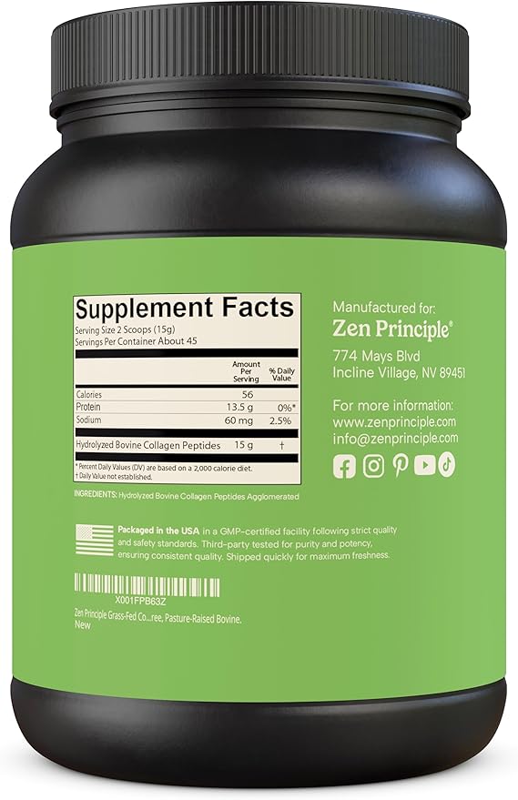 Zen Principle Grass-Fed Agglomerated Hydrolyzed Collagen Peptides 1.5 lb. Anti-Aging Protein Powder for Healthy Hair, Skin, Joints. Paleo Friendly, GMO and Gluten Free, Pasture-Raised Bovine.
