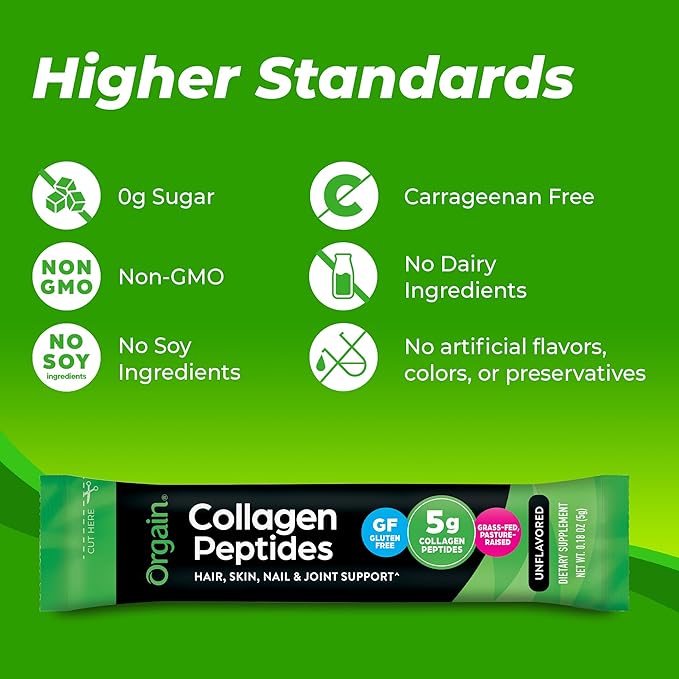 Orgain Hydrolyzed Collagen Peptides Travel Packets For Women & Men - 5g Grass Fed Collagen Per Serving, Hair, Skin, Nail & Joint Support Supplement, Non-GMO, Type I & III - Unflavored (25 Count)