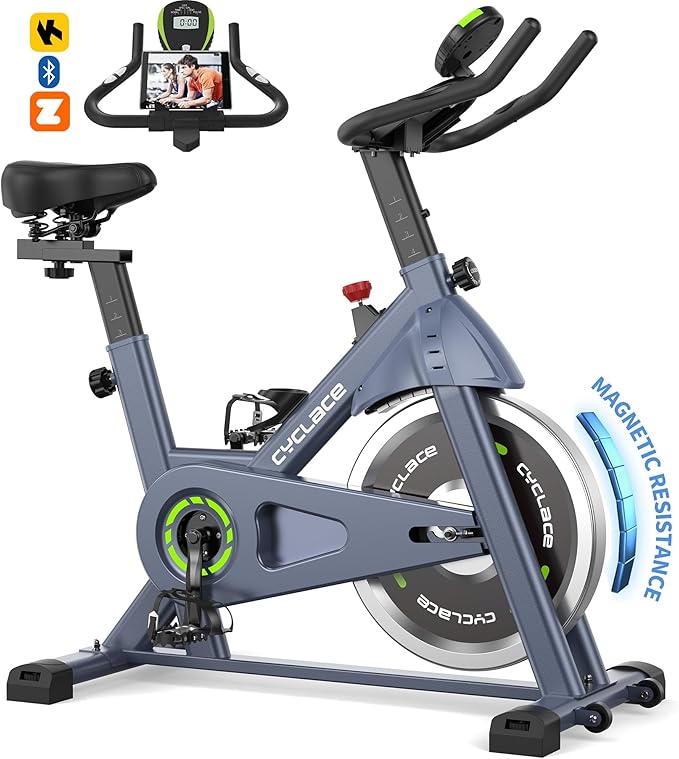 Cyclace Exercise Bike, Magnetic Stationary Bike for Home, Low Noise Cardio Indoor Cycling Bike with App Compatible, 300LBs Weight Capacity & Tablet Mount