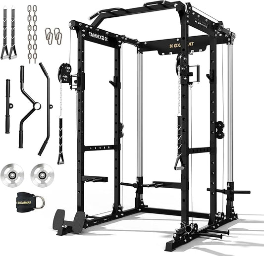 GXMMAT X6 Power Cage, 2200LB Multi-Function Power Rack with Independent Dual Aluminum Pulley System, Squat Rack for Home Gym Strength Training Equipment, Heavy-Duty Steel Construction