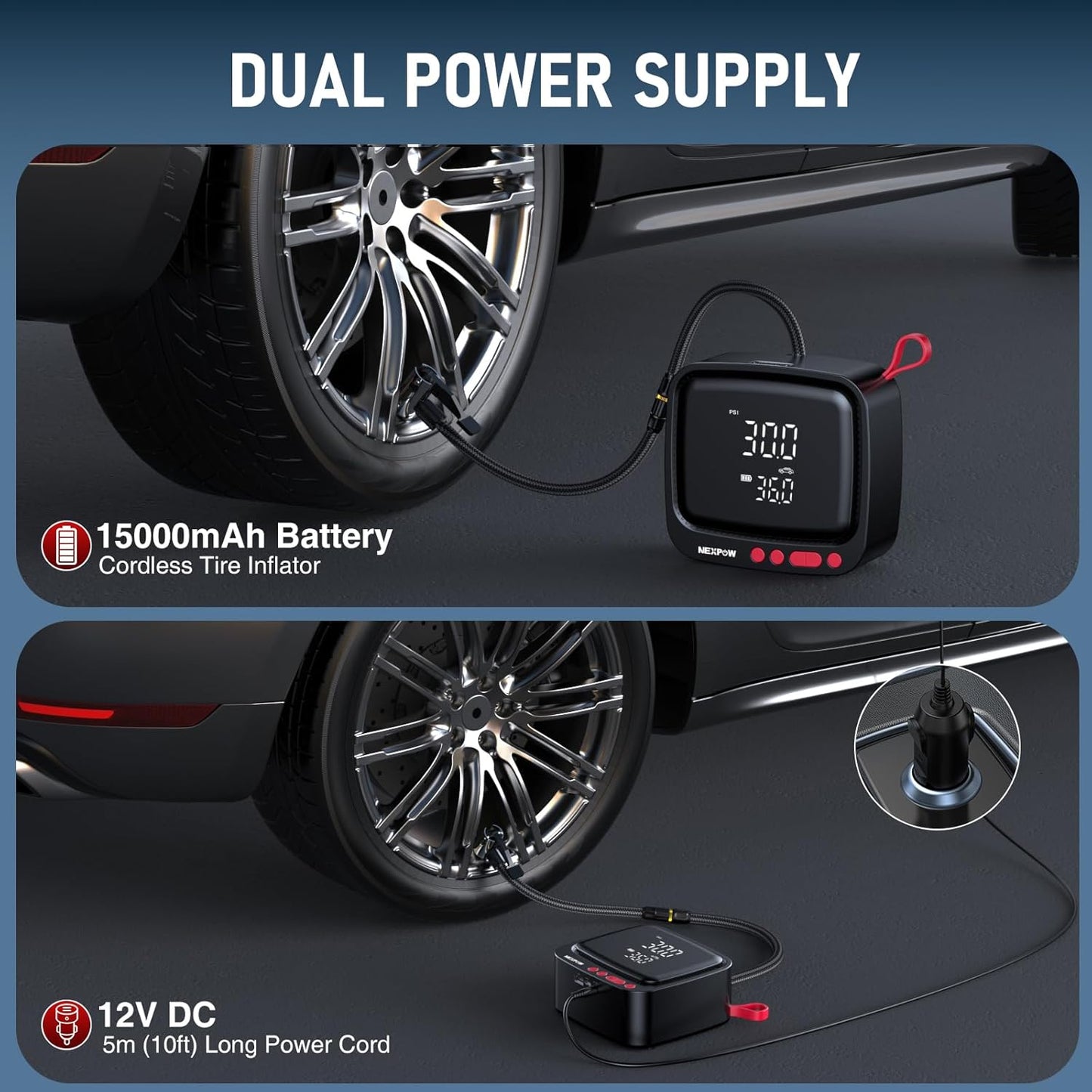 NEXPOW Tire Inflator Portable Air Compressor, 180 PSI Cordless Air Pump for Car Tires with Dual Digital Pressure Gauge & Auto Shut-Off, Portable Tire Pump for Car, Motorcycle, Bicycle, Ball and More