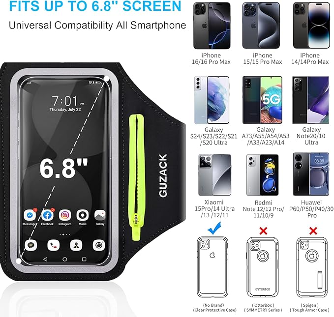GUZACK Running Armband for iPhone 16 15 14 13 Pro Max, Galaxy S25 S24 S23 S22, with Card Slot & Key Pockets, Running Phone Holder, Fit Up to 6.9 Inches Phone - Size S (Smaller Arm 9-14 in)