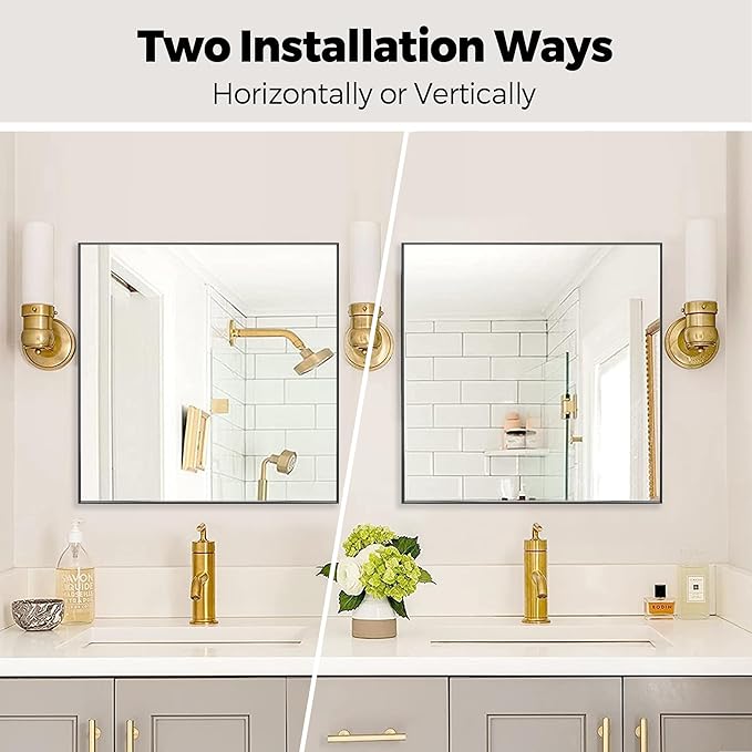 30x30 Inch Black Bathroom Mirror for Wall, Aluminum Frame Rectangle Rectangular Vanity Mirror, Modern Large for Bedroom, Living Room, Horizontal or Vertical