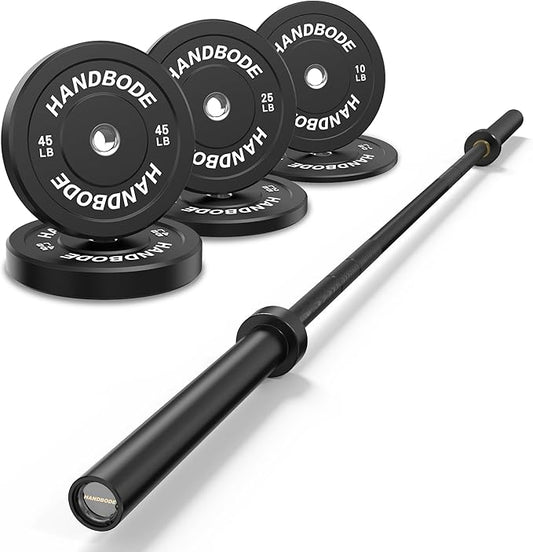 Olympic Bumper Plates Set 2 Inch, 10-55 lbs Rubber Weight Plates with 45 lb (20kg) Black/Silver Barbell, Strength Training & Weight Lifting for Home Gym
