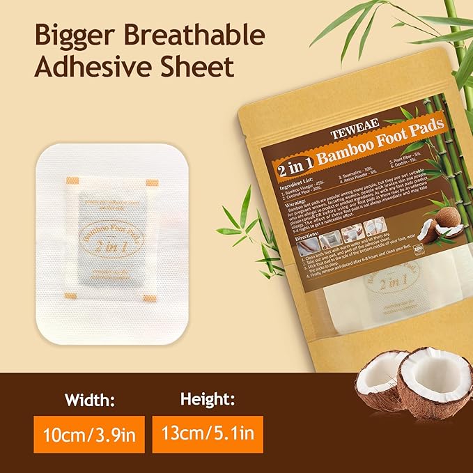 2 in 1 Foot Pads, Bamboo Vinegar Coconut Shell Powder Foot Pads with ''Stay in Place'' Bigger Adhesive Sheet(10 Pads)