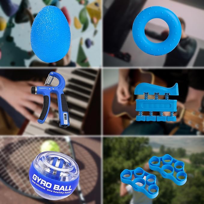 Hand Grip Strengthener Workout Kit (8 Pack) Forearm Grip Adjustable Resistance Hand Gripper, Finger Stretcher, Finger Exerciser, Grip Ring，Gyro Ball