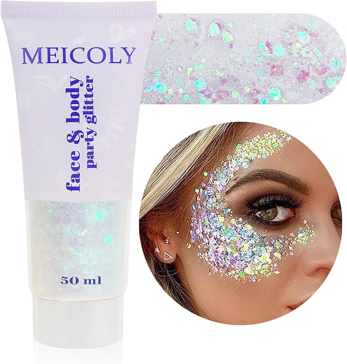 MEICOLY Clear White Body Glitter,Mardi Gras Face Glitter Makeup for Kids Women,Face Glitter for Running,Sparkly Chunky Hair Glitter,Singer Concert Festival Rave Accessories,Mermaid Glitter Face Paint