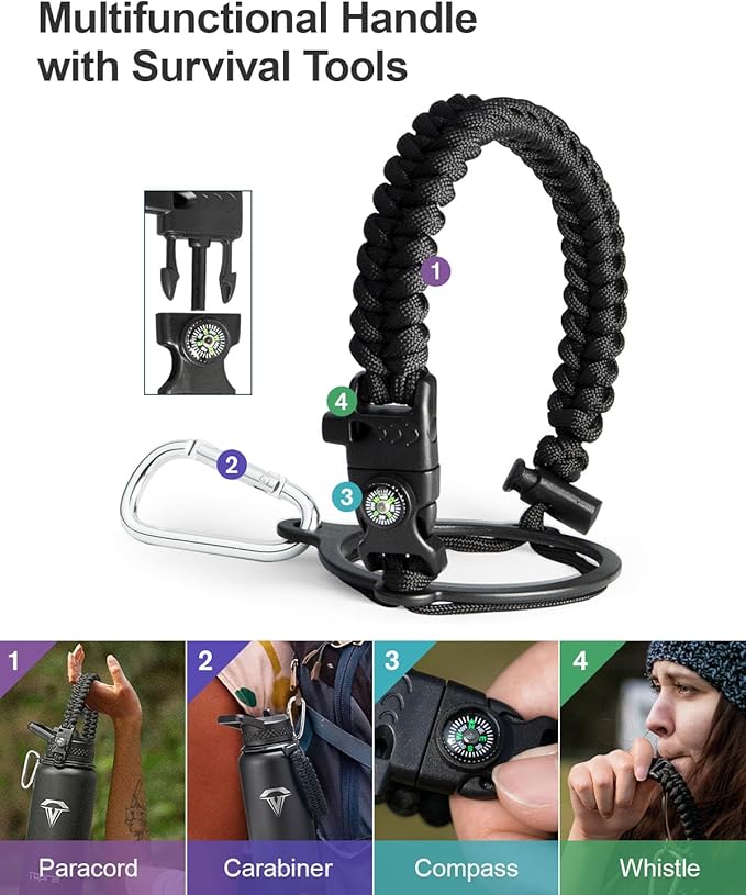 32oz Insulated Water Bottle,Stainless Steel Vacuum Water Bottle, BPA-Free & Leakproof -with Paracord Handle,Strap,Straw Spout Lids,Large Water Jug for Gym Sports