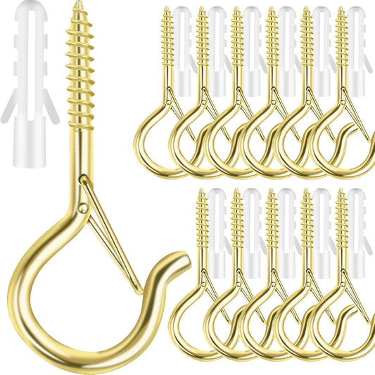 12 PCS Q-Hanger Hooks, Screw Hooks for Outdoor String Lights, Safety Buckle Design Cup Eye Hook for Hanging Christmas Lights, Plants, Wind Chimes, Mounted on Wall Ceiling, Windproof, Gold