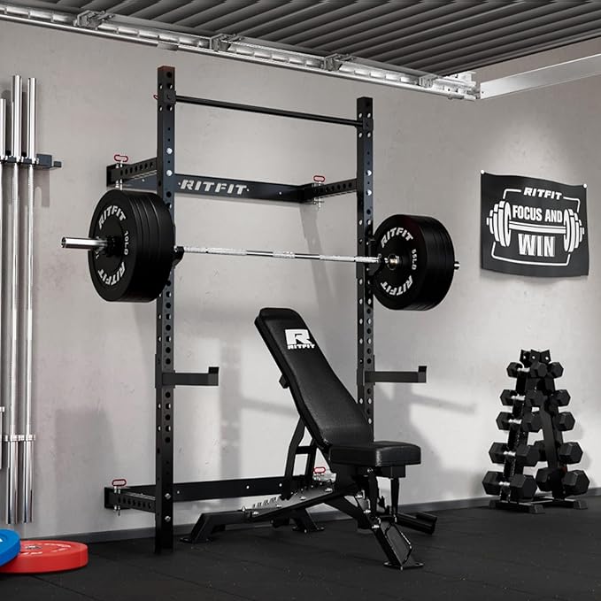 RitFit Multi-Functional Folding Squat Rack for Home Gym, 2.36'' x 2.36'' Wall Mounted Squat Rack with Attachments - Space Saving Squat Power Rack