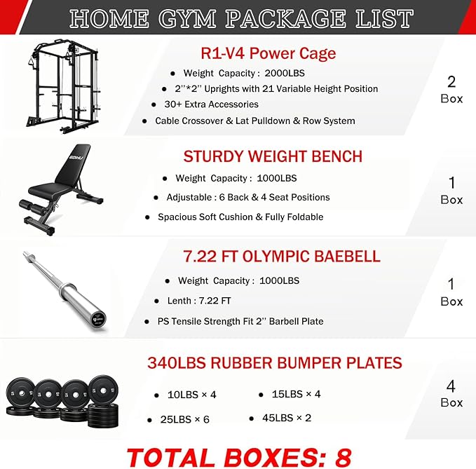 R1-V4 Power Cage Rack, 2000LB Squat Rack with Cable Crossover System, Multi-Function Weight Cage, Home Gym Workout Machine with More Training Attachments