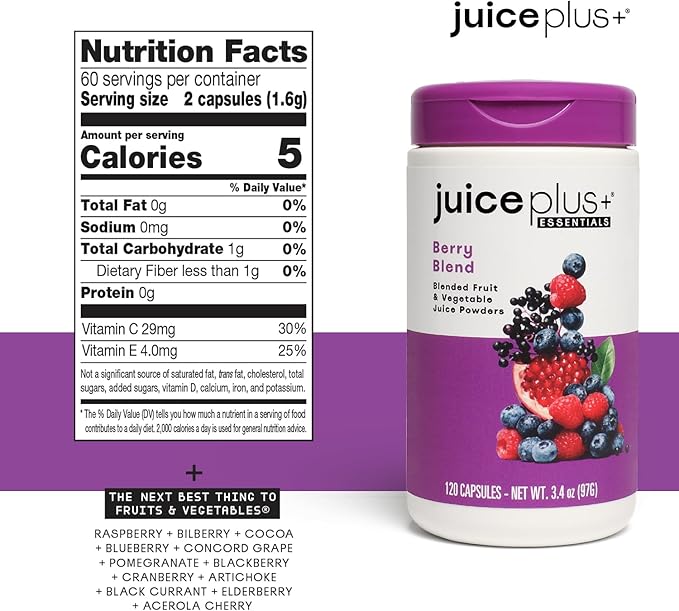 Juice Plus+ Fruit, Vegetable & Berry Blend - Fruit and Vegetable Supplement for Immune Support, Cognitive Health & Radiant Skin - 3 Bottles, (120 Capsules Each)