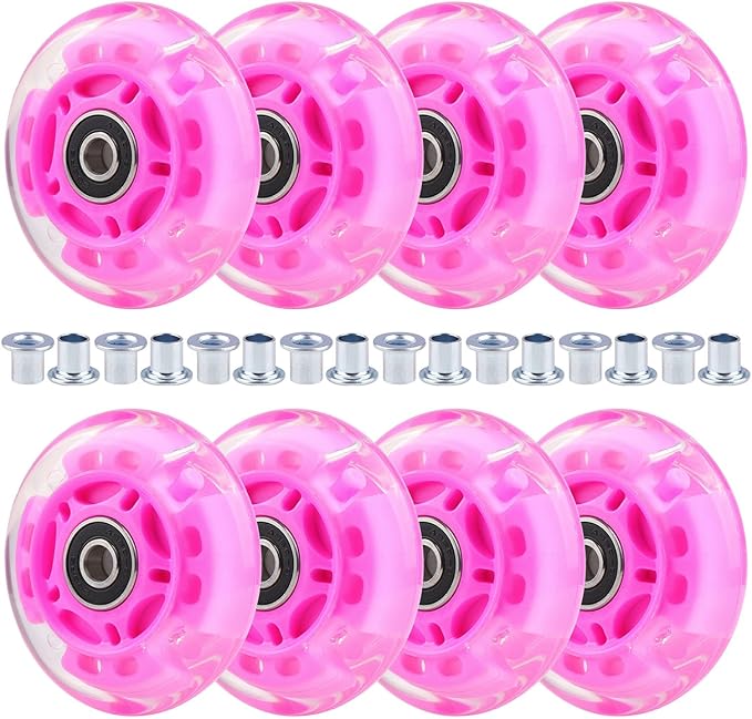 8pcs Inline Skate Wheels Led Light-Up Wheels 64/70/72/76/80mm w/Bushings 85-88A for Kids and Youth Beginners Children's Inline Skates Indoor/Outdoor Use (Pink, 72mm)
