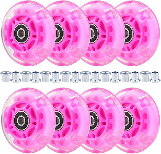 8pcs Inline Skate Wheels Led Light-Up Wheels 64/70/72/76/80mm w/Bushings 85-88A for Kids and Youth Beginners Children's Inline Skates Indoor/Outdoor Use (Pink, 72mm)