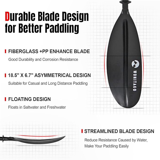 Kayak Paddle with Aluminum Shaft and Reinforced PP Blade, Floating Kayak Oar for Kayaking Canoeing and Boating, 220 cm/86 inches - 230 cm/90 inches