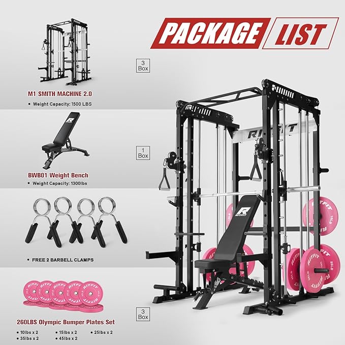 RitFit M1 & M1 Pro Smith Machine with Cable Crossover System, Multi-Function Squat Rack Power Cage for Home Gym, Power Rack and Packages