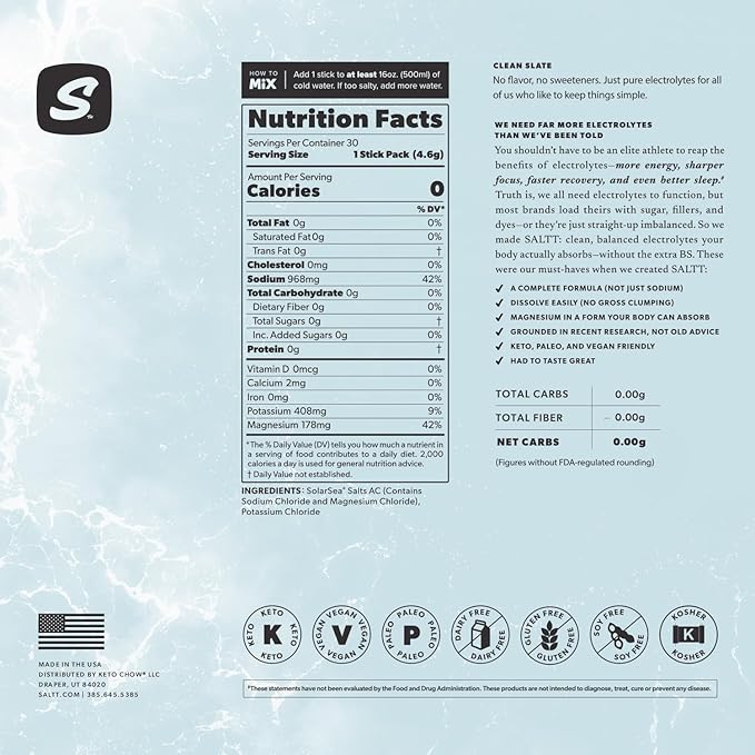 Keto Chow SALTT Electrolytes Powder Packets, Clean Slate Unflavored (30 Hydration Packets) - Magnesium, Potassium, Sodium, Trace Minerals - Vegan, Gluten Free - Travel Essentials - Made in USA