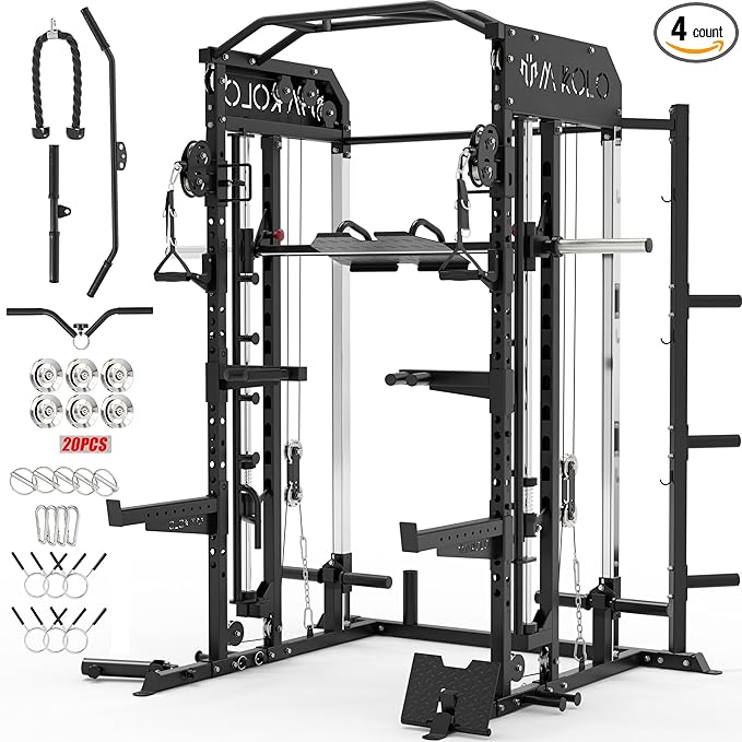 Mikolo Smith Machine, Multi-Function Power Cage with Dual Pulley System, Vertical Leg Press Attachment, Squat Rack Power Rack with More Training Attachment for Home Gym