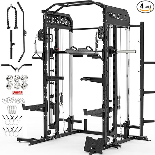 Mikolo Smith Machine, Multi-Function Power Cage with Dual Pulley System, Vertical Leg Press Attachment, Squat Rack Power Rack with More Training Attachment for Home Gym