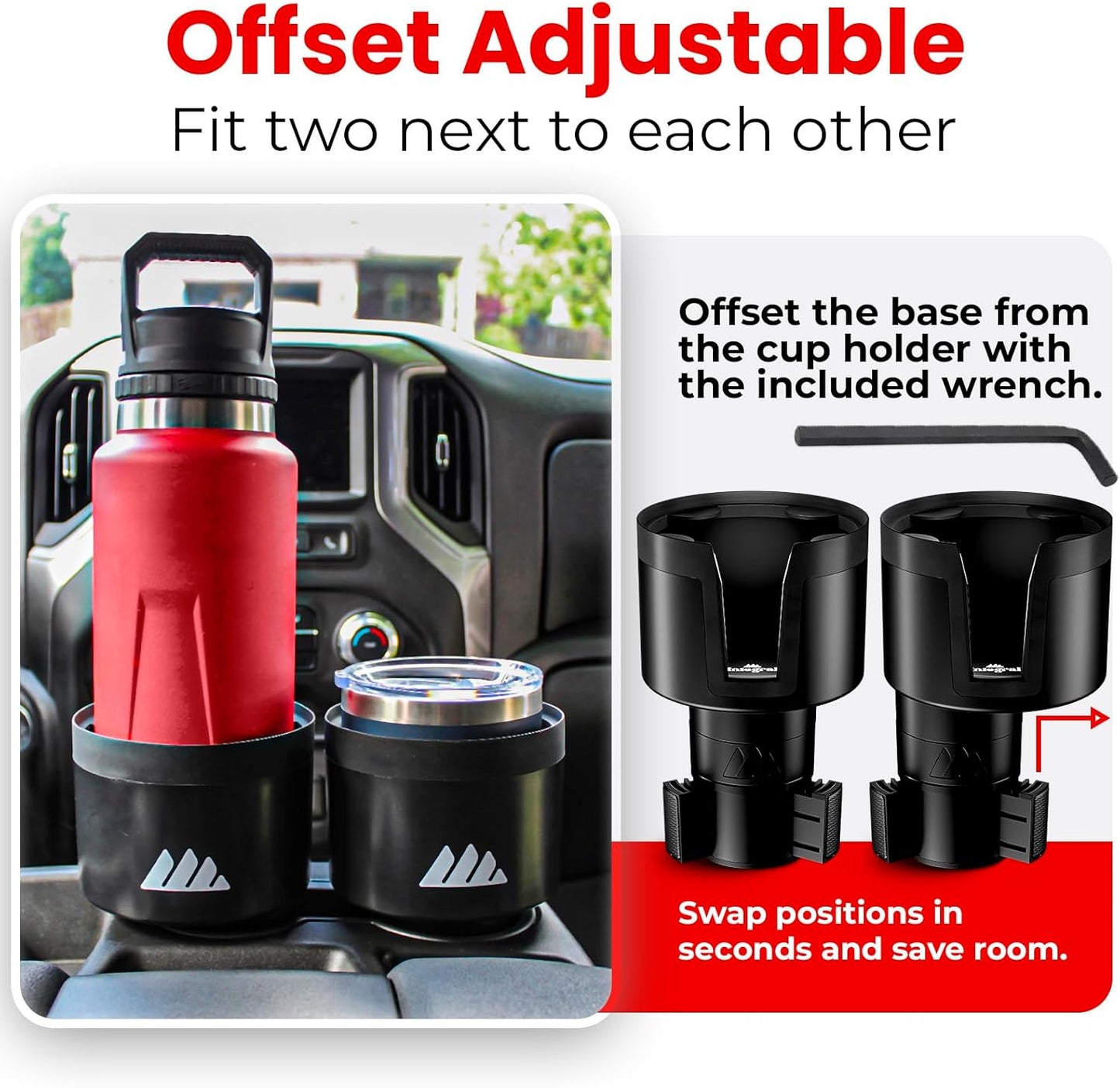 Integral Ultimate Expander Car Cup Holder - Adjustable Base - Expander & Organizer for Vehicles - Compatible with Coffee Mug, Yeti 14/24/36/46oz, Ramblers, Hydro Flasks 32/40oz, 3.4"-4.0" Bottles
