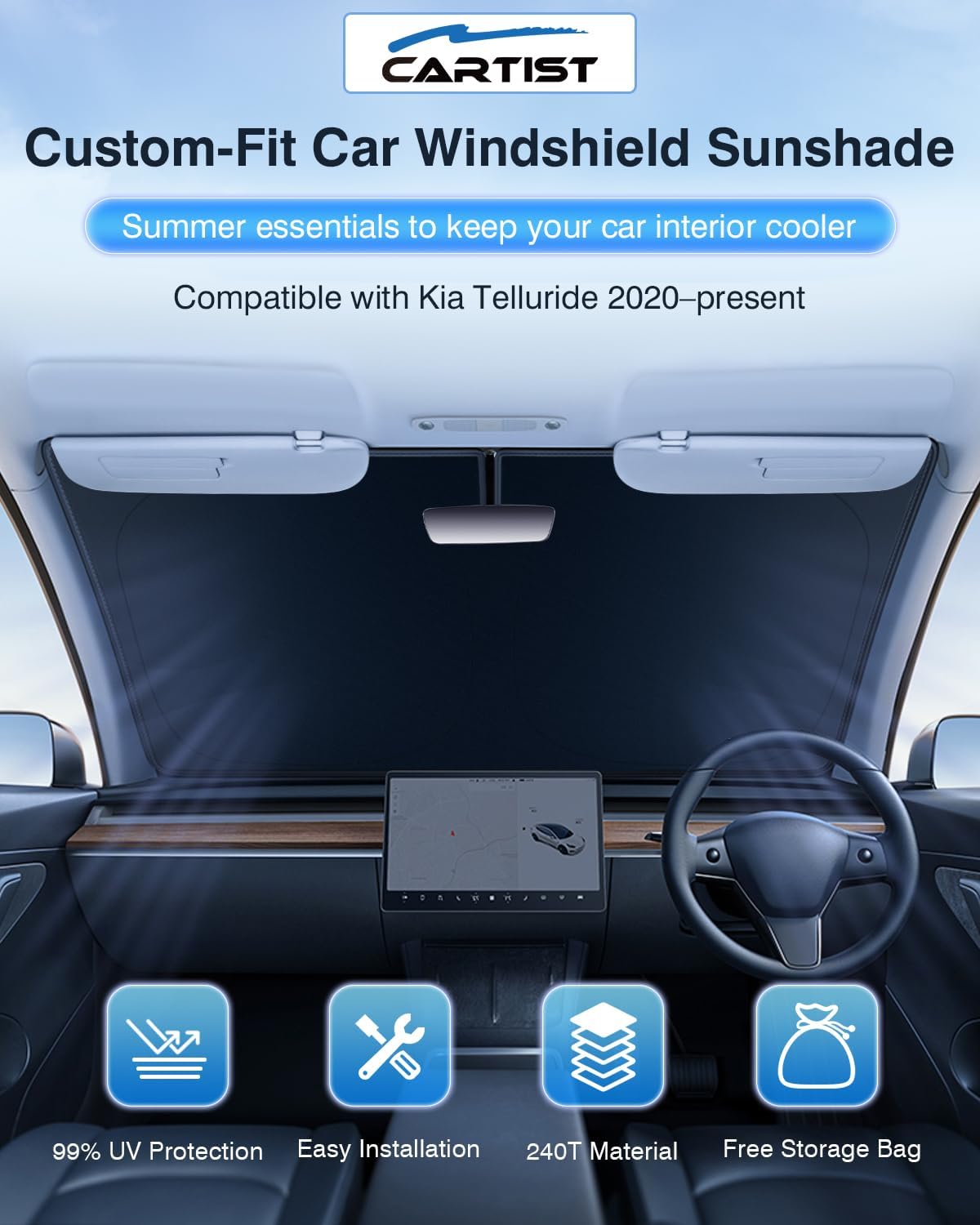 Cartist 5-layer Sun Shade Fits for Kia Telluride 2020-2023 2024 2025 2026 Custom Fit Foldable Front Window Sunshade Sun Visor Protector, Block UV Rays Foldable Sunshade Sun Visor Telluride Accessories