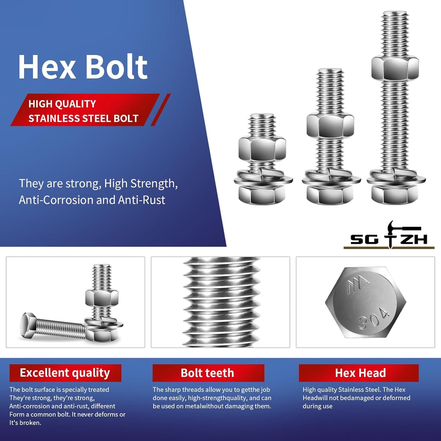 3/8-16 x 3/4" Hex Head Screw Bolt, Nuts, Flat & Lock Washers, 10Pcs 18-8 (304) Stainless Steel, Fully Threaded, by SG TZH