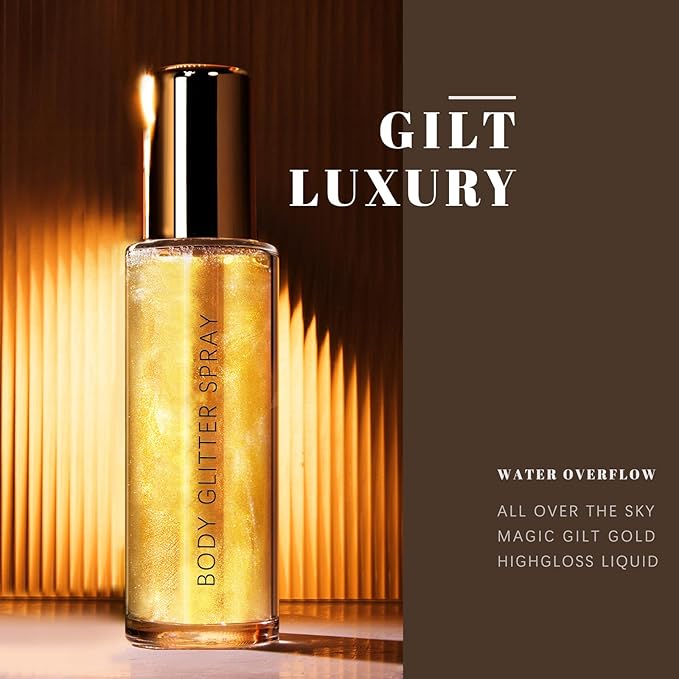 Body Glitter Spray, Moisturizing Bronze Body Shimmer Luminizer Glow Illuminator Quick-Drying and Non-Sticky Liquid Highlighter Spray for Face Hair Glitter, 60ML -Gold