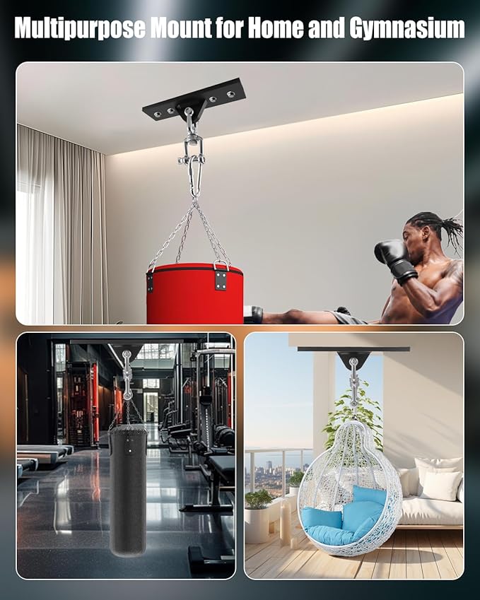 Heavy Bag Hanger, Punching Bag Stand with Locking Clip, 360° Swivel Wall Mount Ceiling Hook for Punching Bag/Aerial Yoga/Hammock/Sandbag/Swing Chair – Heavy-Duty Boxing Bag Mount (900LB Capacity)