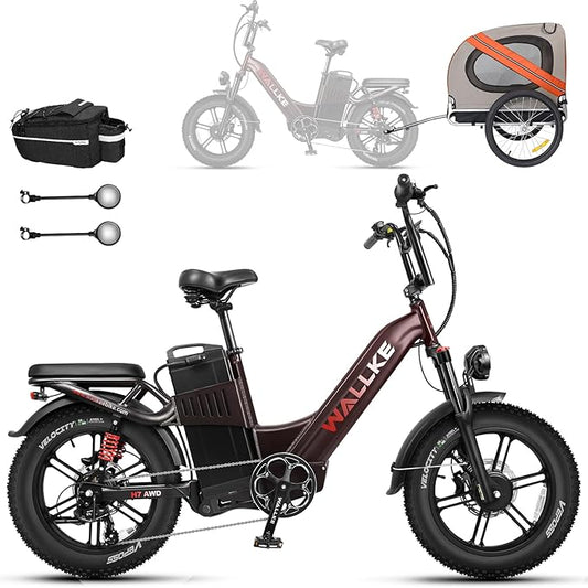 W Wallke H7 AWD Dual Motor Electric Bike for Adult, 48V 60Ah/40Ah Removable Battery, Long Range 32-34MPH Fast Ebike, 20" Fat Tire Mountain Offroad All Terrain Full Suspension E-Bicycle, UL2849 List