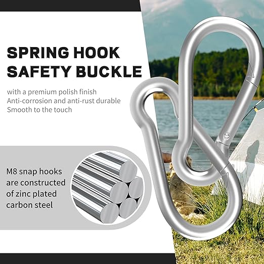 12PCS M5 Spring Snap Hook Carabiner, Heavy Duty Galvanized Steel Carabiner Clip, 220LBS Holding Capacity Spring Clips for Hammock Swing Outdoor Travel