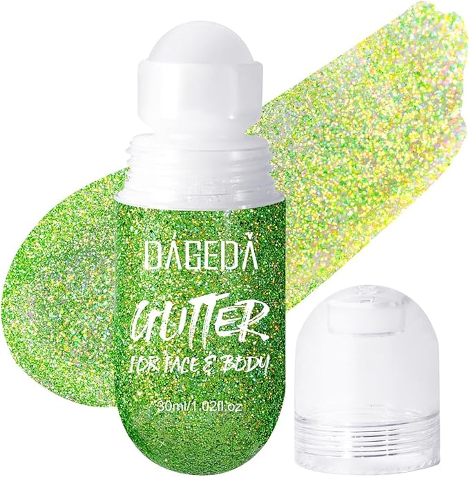 DAGEDA Green Body Glitter Gel, Roll-on Face Glitter for St Patricks Day Festival Rave Accessories, Holographic Hair Glitter Gel,Body Shimmer Mardi Gras Makeup for Rave Party