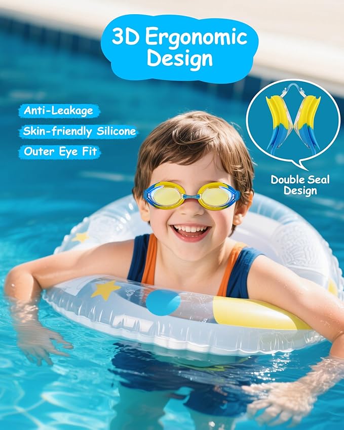 Kids Swim Goggles, Anti-fog and UV Protection with Swim Cap for Age 3-15 Youth Boys Girls Toddler
