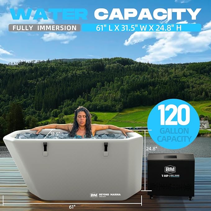 Inflatable Ice Bath Tub for Athletes - Slanted-Edge Cold Plunge Tub Compatible Water Chiller, Insulated Lid, EVA Groundsheet, Backpack, 120 Gallon, 61" L x 31.5" W x 24.8" H
