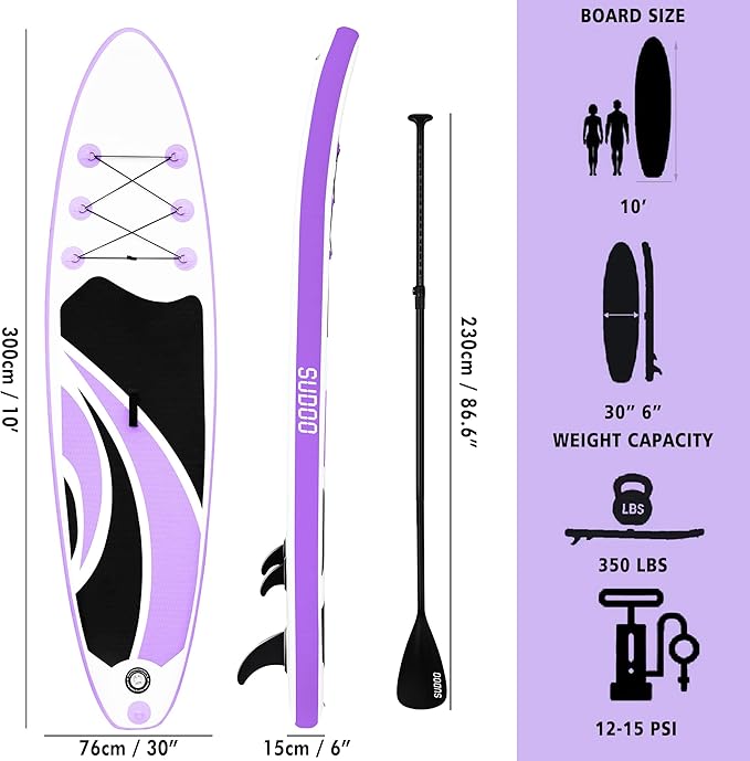 Inflatable Stand Up Paddle Board 10‘x30‘‘- Ultra-Light SUP with Backpack, Pump, Paddle, Coil Leash, 3 Fins, Repair Kit, Stable Design, Non-Slip EVA Deck for Adults & Youth
