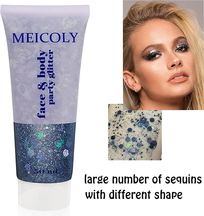 MEICOLY Black Glitter, Professional Body Paint, Mermaid Sequins Eye Glitter for Halloween Cosplay SFX Makeup, Chunky Face Gel for Women and Kids, 50ml