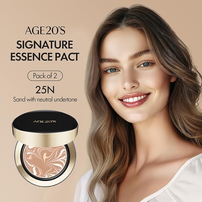 AGE20'S Signature Essence Pact SPF 50+ | Pack of 2 | 25N SAND | Cream Foundation, Dewy Finish, Natural Coverage | Korean Cushion Foundation